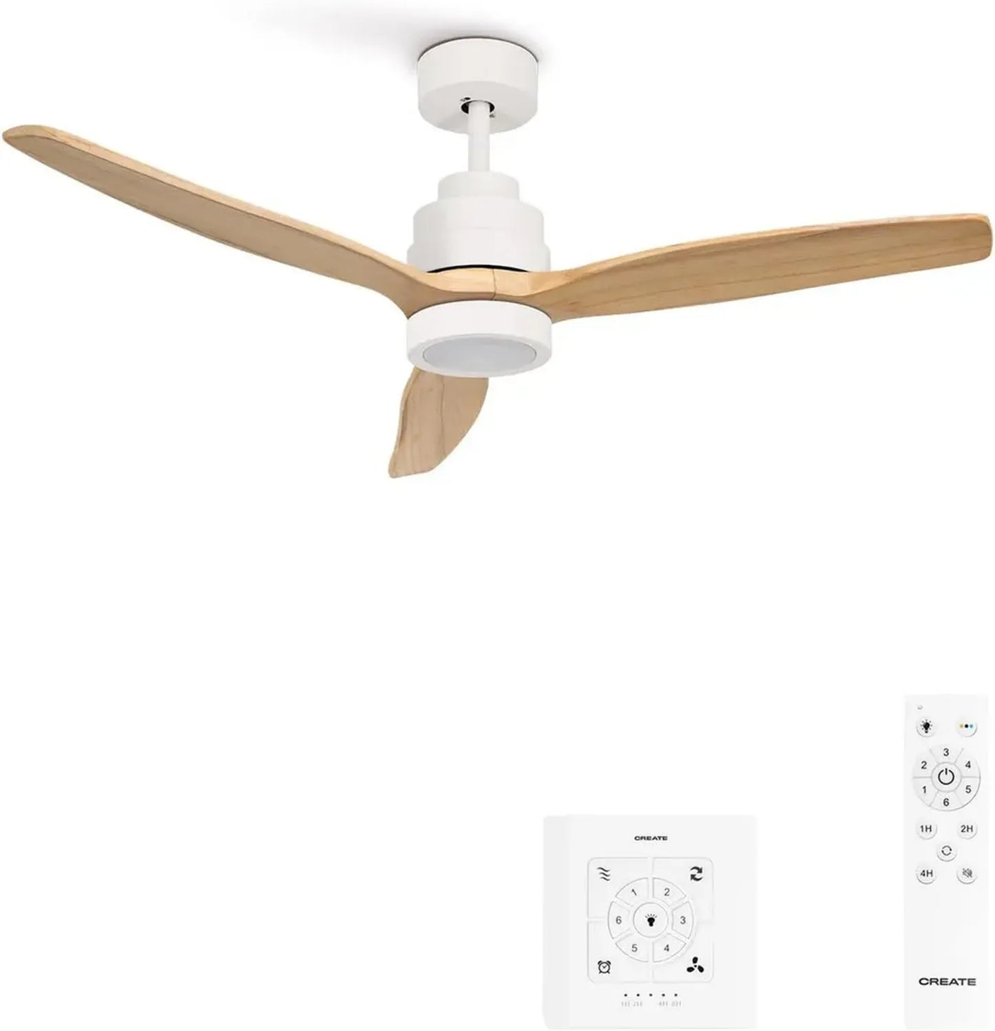 Ventilateur de Plafond Blanc avec Lumière et Télécommande, Pales en Bois Naturel, 6 Vitesses, 132 cm