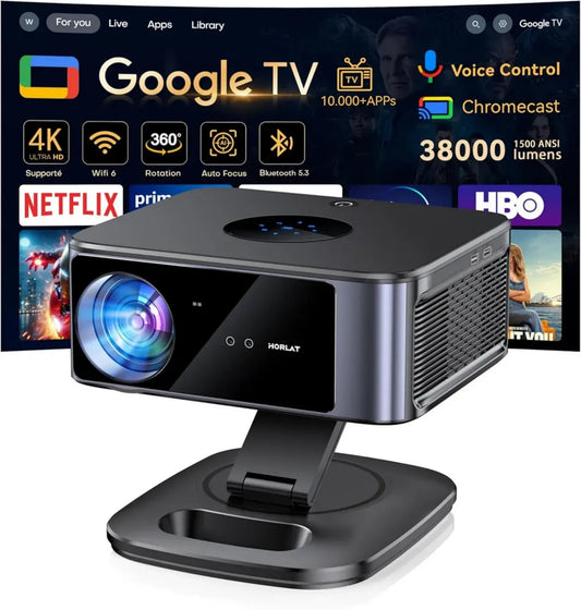 Projecteur 4K Ultra HD 1500 ANSI, Google TV, Autofocus, WiFi 6, Bluetooth 5.3, Commande Vocale, Rotation 360°, Cinéma Maison