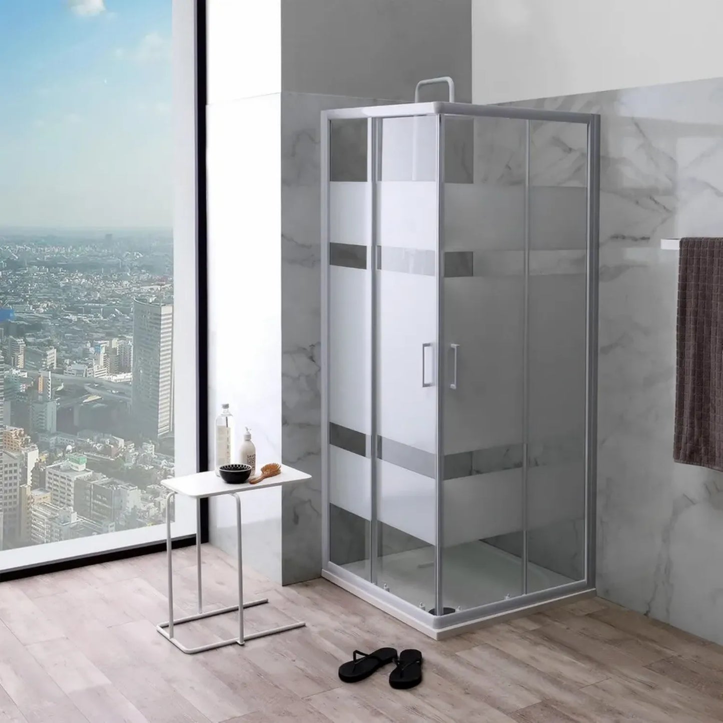 Cabine de Douche Carrée 80x80 en Verre Sérigraphié avec Profils Blancs - Venere