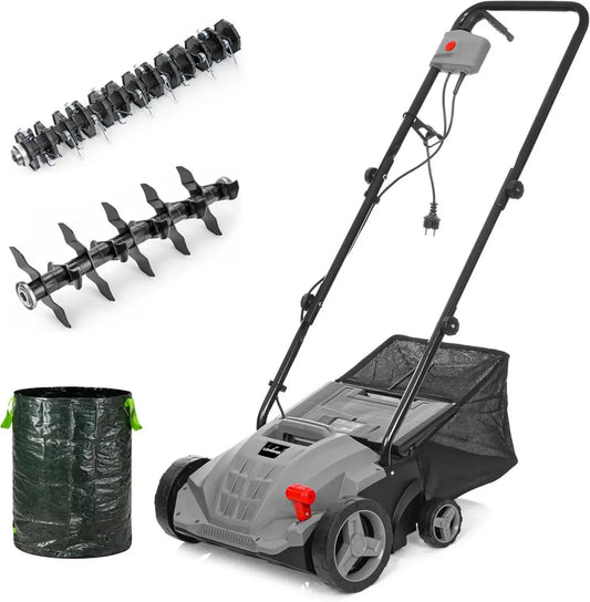 Scarificateur Électrique 1500W 2-en-1, Largeur 32cm, 4 Niveaux de Profondeur, 3000 RPM, Bac 30L, Gris